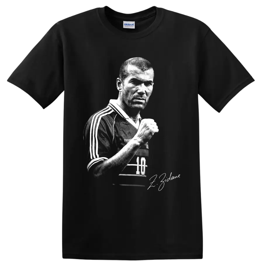 Zinedine Zidane black-and-white France soccer portrait with number 10 and signature on a Black T Shirt