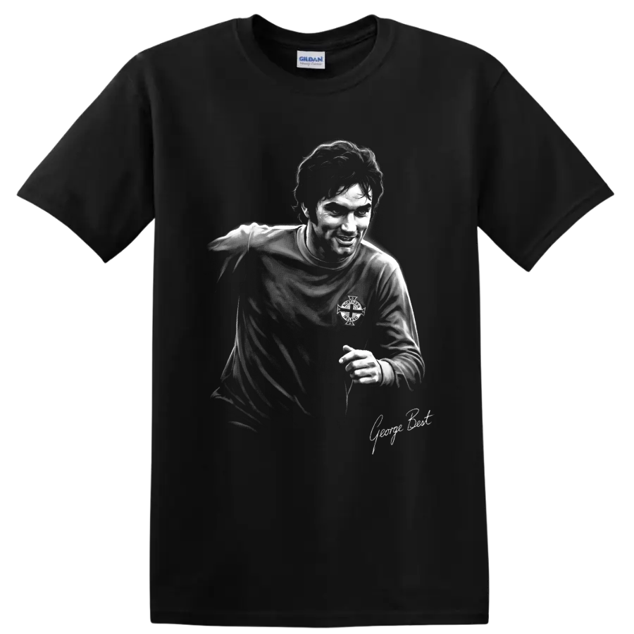 George Best Northern Irish soccer portrait in high-contrast monochrome art on a Black T Shirt