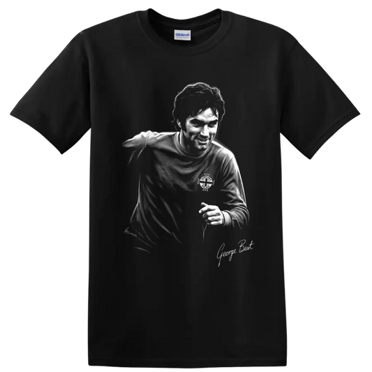 George Best Northern Irish soccer portrait in high-contrast monochrome art on a Black T Shirt