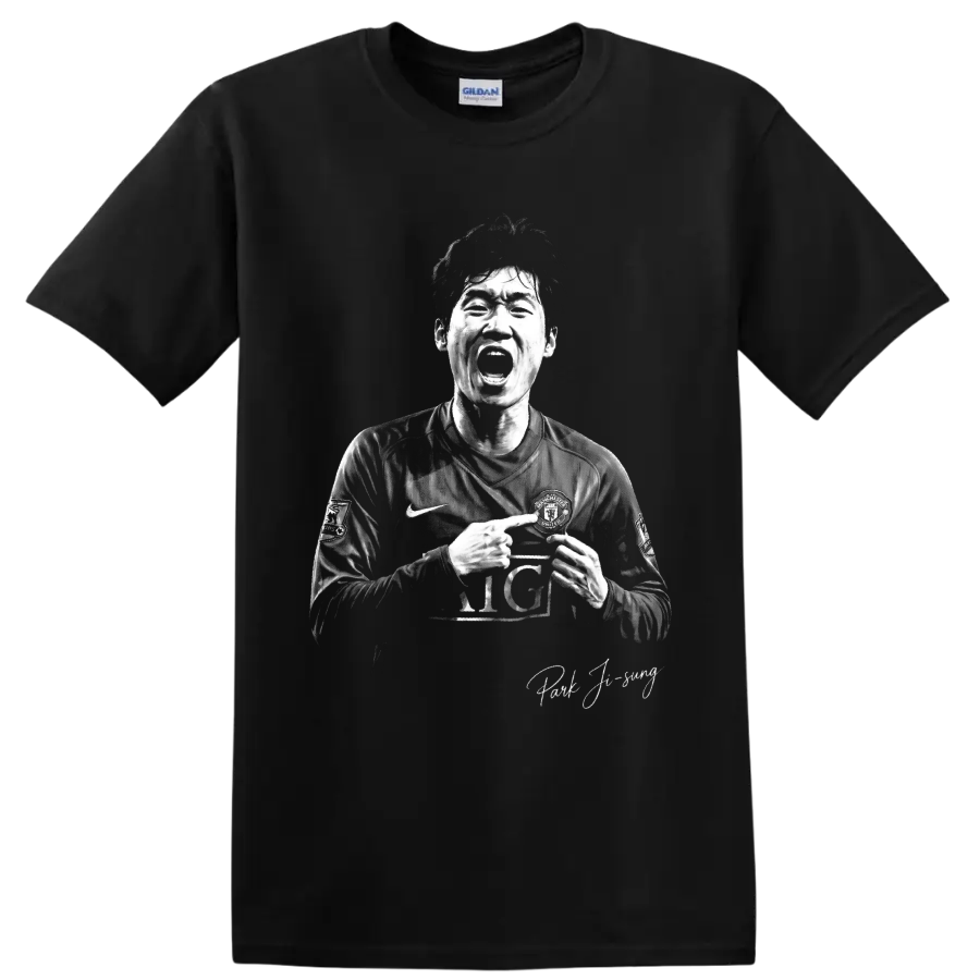Park Ji-sung Manchester United soccer portrait in dramatic monochrome poster style on a Black T Shirt