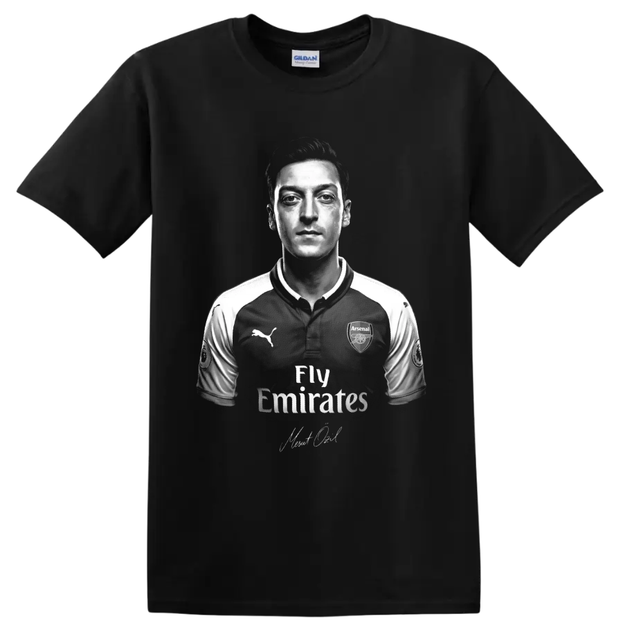 Mesut Ozil Arsenal soccer portrait in dramatic black-and-white graphic art on a Black T Shirt