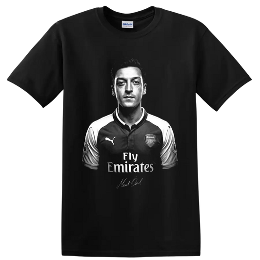Mesut Ozil Arsenal soccer portrait in dramatic black-and-white graphic art on a Black T Shirt