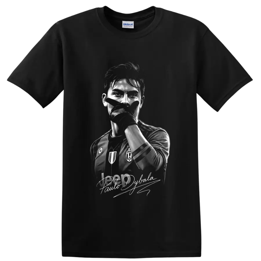 Paulo Dybala monochrome soccer portrait with mask-style celebration pose and signature on a Black T Shirt