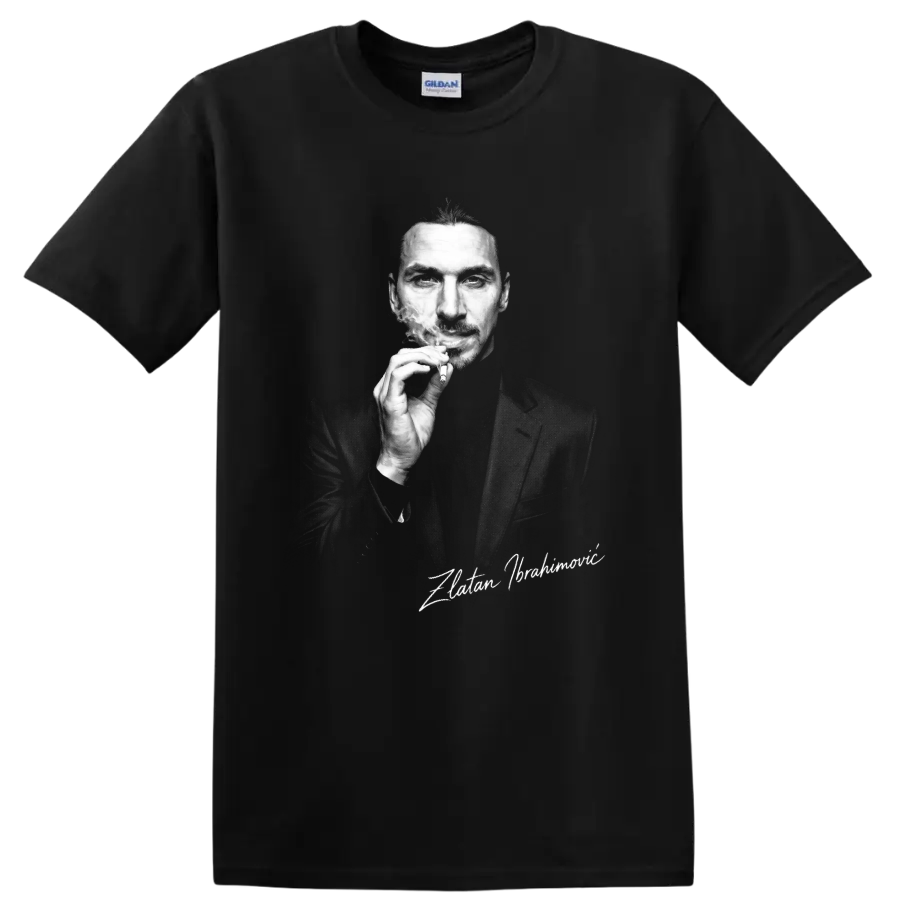 Zlatan Ibrahimović black-and-white smoking portrait with signature-style text on a Black T Shirt