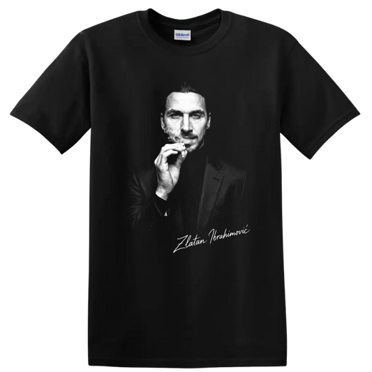 Zlatan Ibrahimović black-and-white smoking portrait with signature-style text on a Black T Shirt