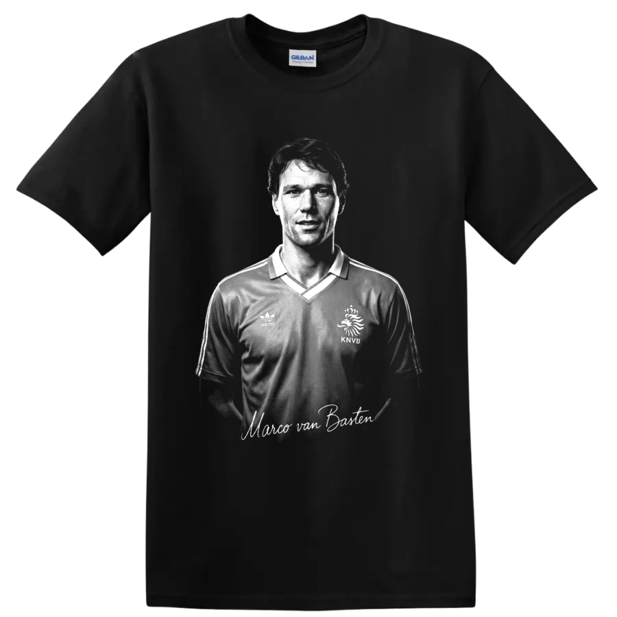 Monochrome Marco van Basten Dutch soccer portrait with signature-style lettering on a Black T Shirt