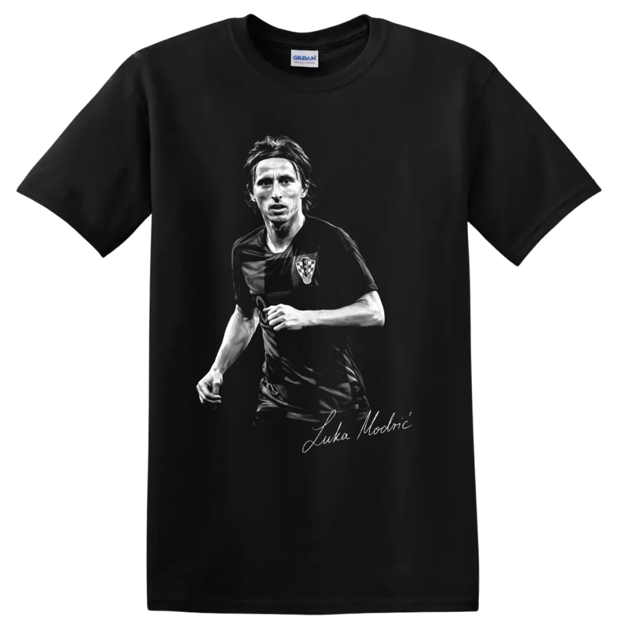Luka Modric Croatia soccer midfielder grayscale portrait with signature-style script on a Black T Shirt