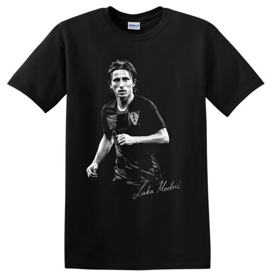 Luka Modric Croatia soccer midfielder grayscale portrait with signature-style script on a Black T Shirt