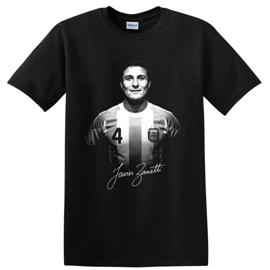 Javier Zanetti monochrome soccer portrait in striped number 4 jersey with signature on a Black T Shirt
