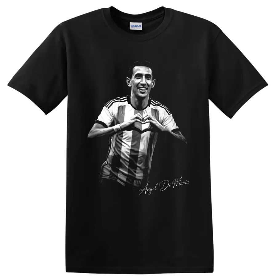 Ángel Di María monochrome soccer portrait making a heart gesture in a striped jersey on a Black T Shirt