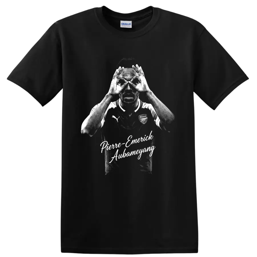 Pierre-Emerick Aubameyang Arsenal binocular celebration distressed portrait with script on a Black T Shirt