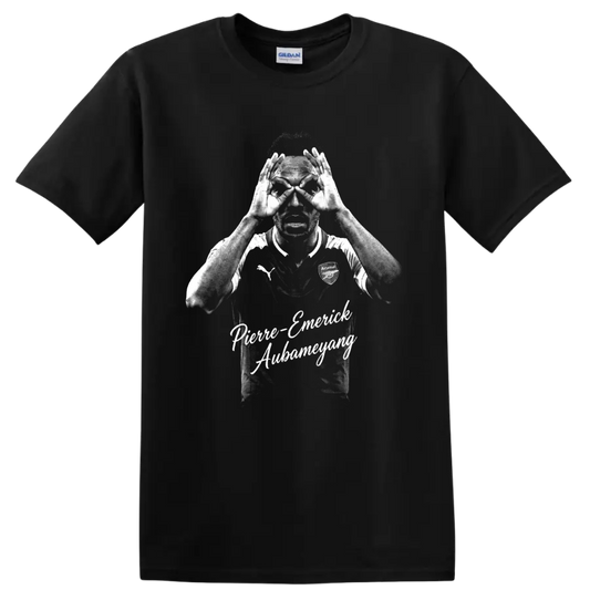 Pierre-Emerick Aubameyang Arsenal binocular celebration distressed portrait with script on a Black T Shirt