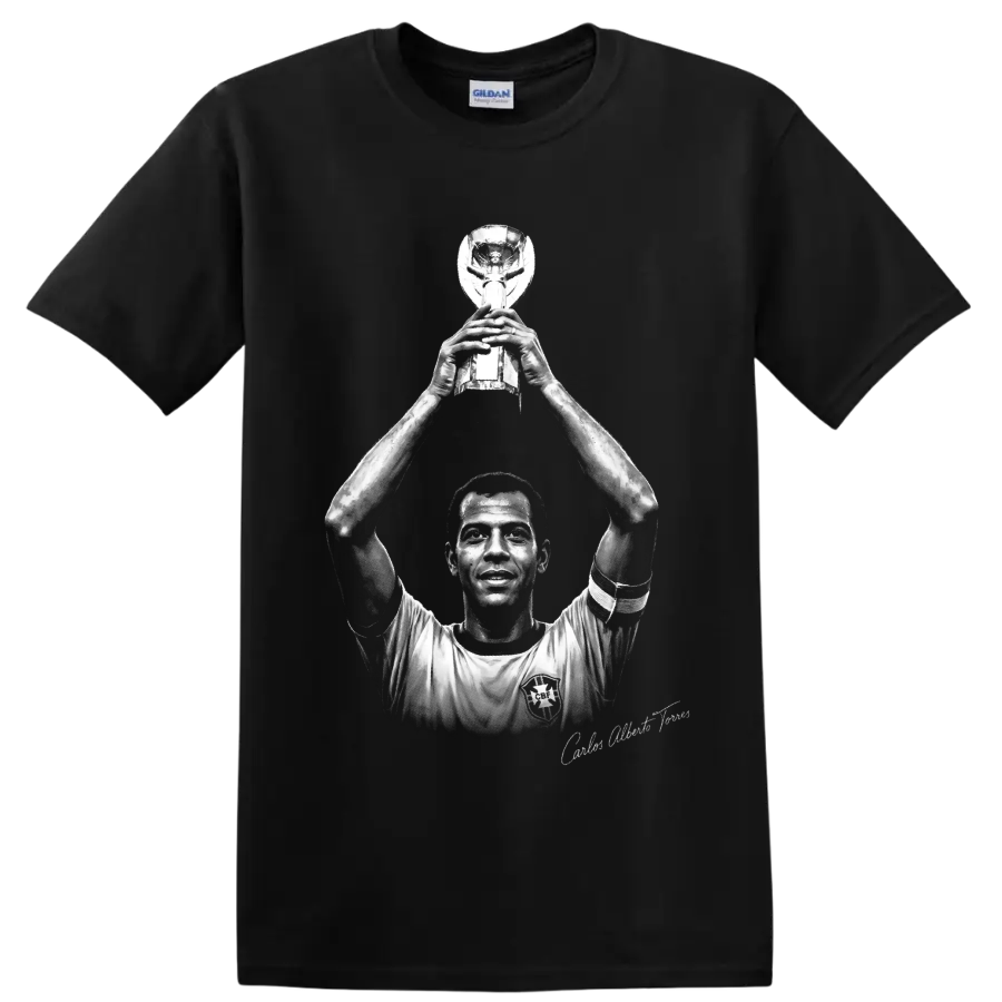 Carlos Alberto Torres lifting trophy in monochrome Brazilian soccer portrait artwork on a Black T Shirt