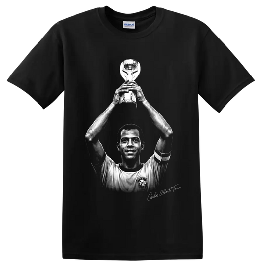 Carlos Alberto Torres lifting trophy in monochrome Brazilian soccer portrait artwork on a Black T Shirt