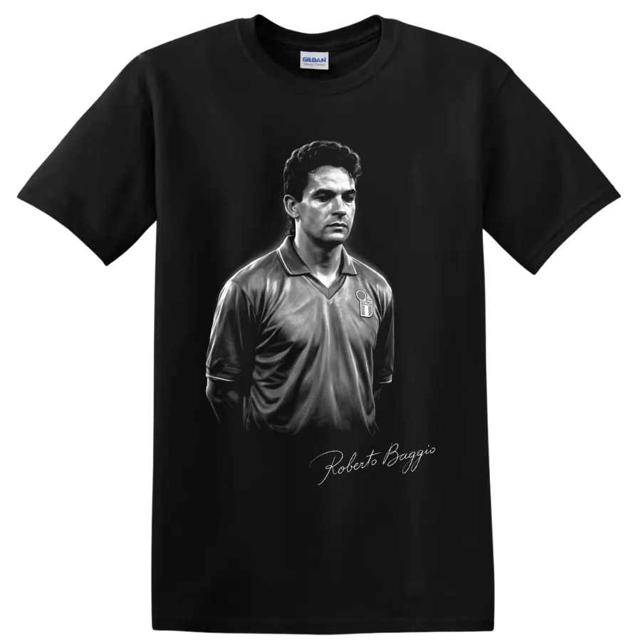 Monochrome Roberto Baggio Italy soccer portrait with signature-style lettering on a Black T Shirt