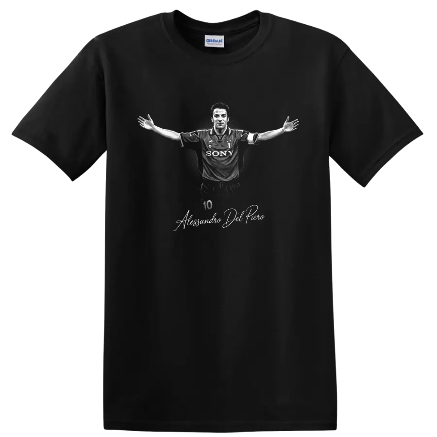 Alessandro Del Piero Juventus number 10 monochrome soccer portrait with signature on a Black T Shirt