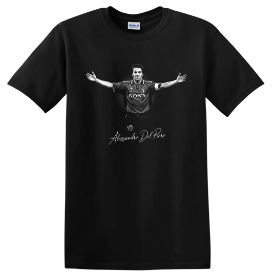 Alessandro Del Piero Juventus number 10 monochrome soccer portrait with signature on a Black T Shirt
