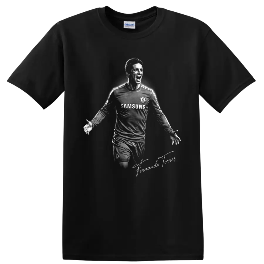 Fernando Torres Chelsea soccer celebration portrait in dramatic monochrome artwork on a Black T Shirt
