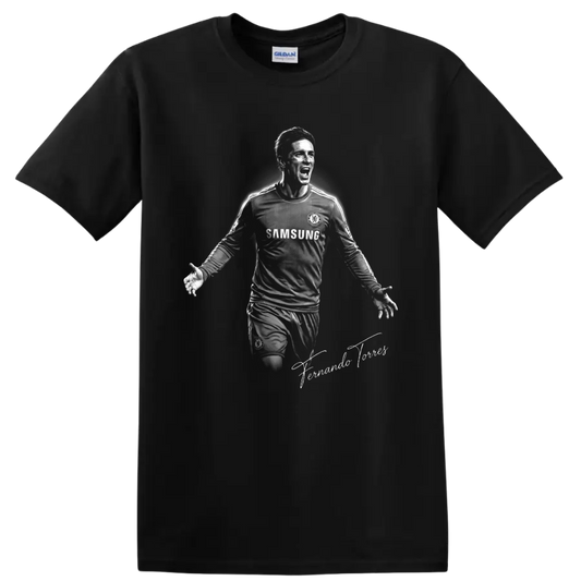 Fernando Torres Chelsea soccer celebration portrait in dramatic monochrome artwork on a Black T Shirt