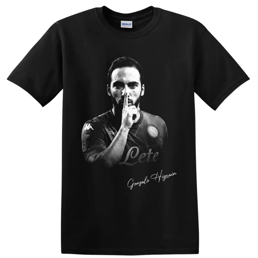 Gonzalo Higuain monochrome soccer portrait making a shushing gesture on a Black T Shirt