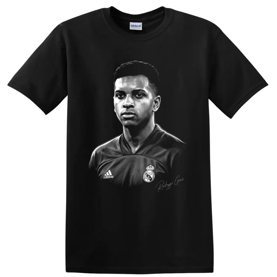 Rodrygo Goes monochrome soccer portrait in Real Madrid jersey with signature on a Black T Shirt