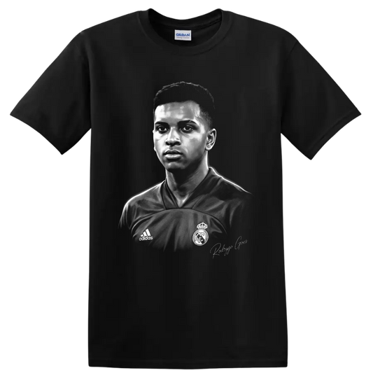 Rodrygo Goes monochrome soccer portrait in Real Madrid jersey with signature on a Black T Shirt