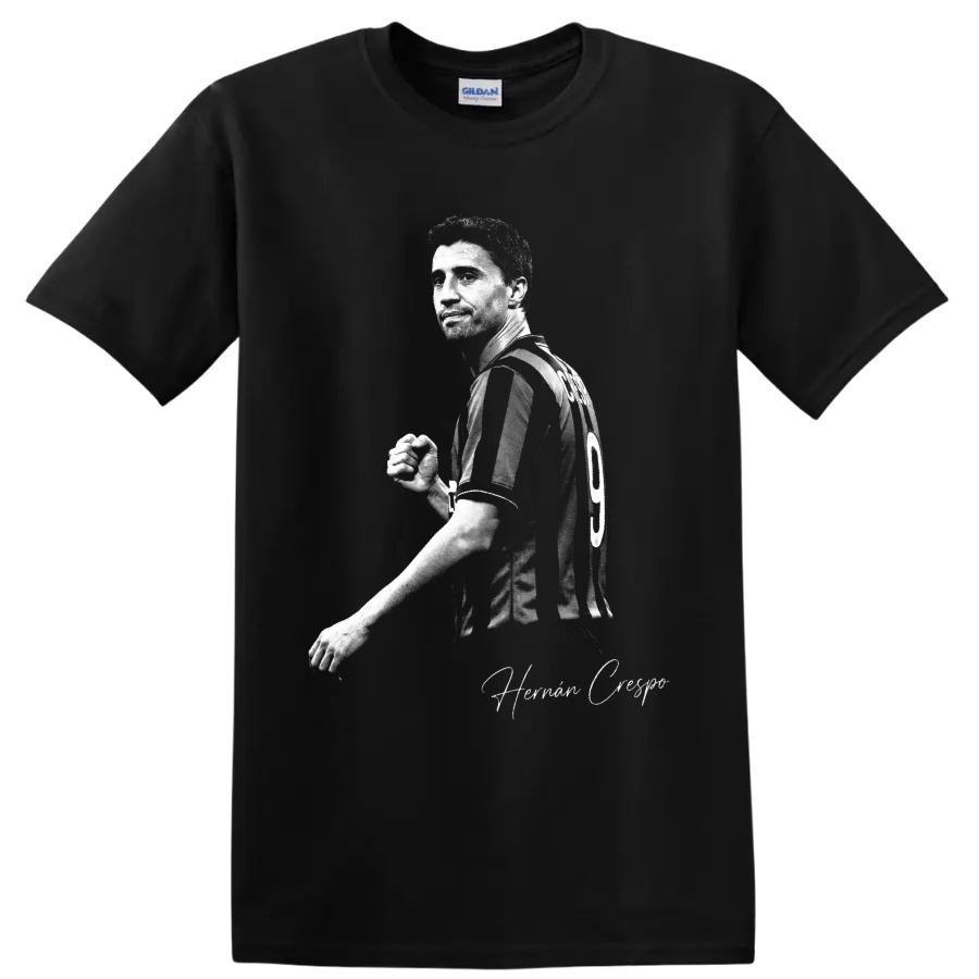 Hernan Crespo soccer portrait in striped number 9 jersey with signature-style script on a Black T Shirt