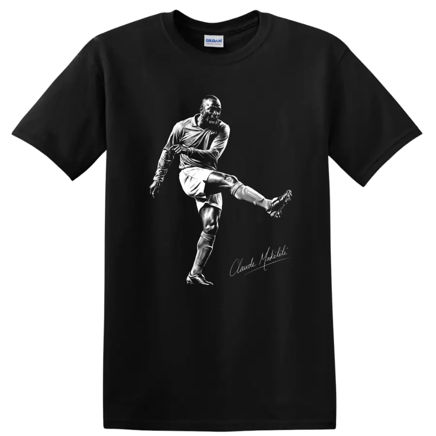 Claude Makelele soccer player kicking in a high-contrast monochrome sketch design on a Black T Shirt