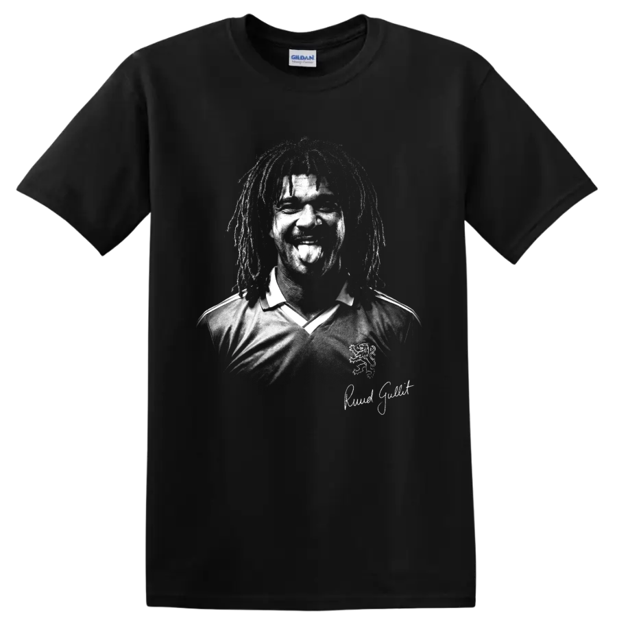 Distressed black-and-white Ruud Gullit soccer portrait with signature on a Black T Shirt