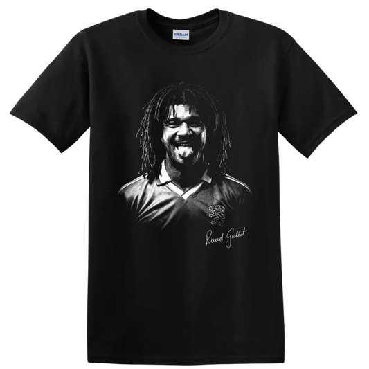 Distressed black-and-white Ruud Gullit soccer portrait with signature on a Black T Shirt