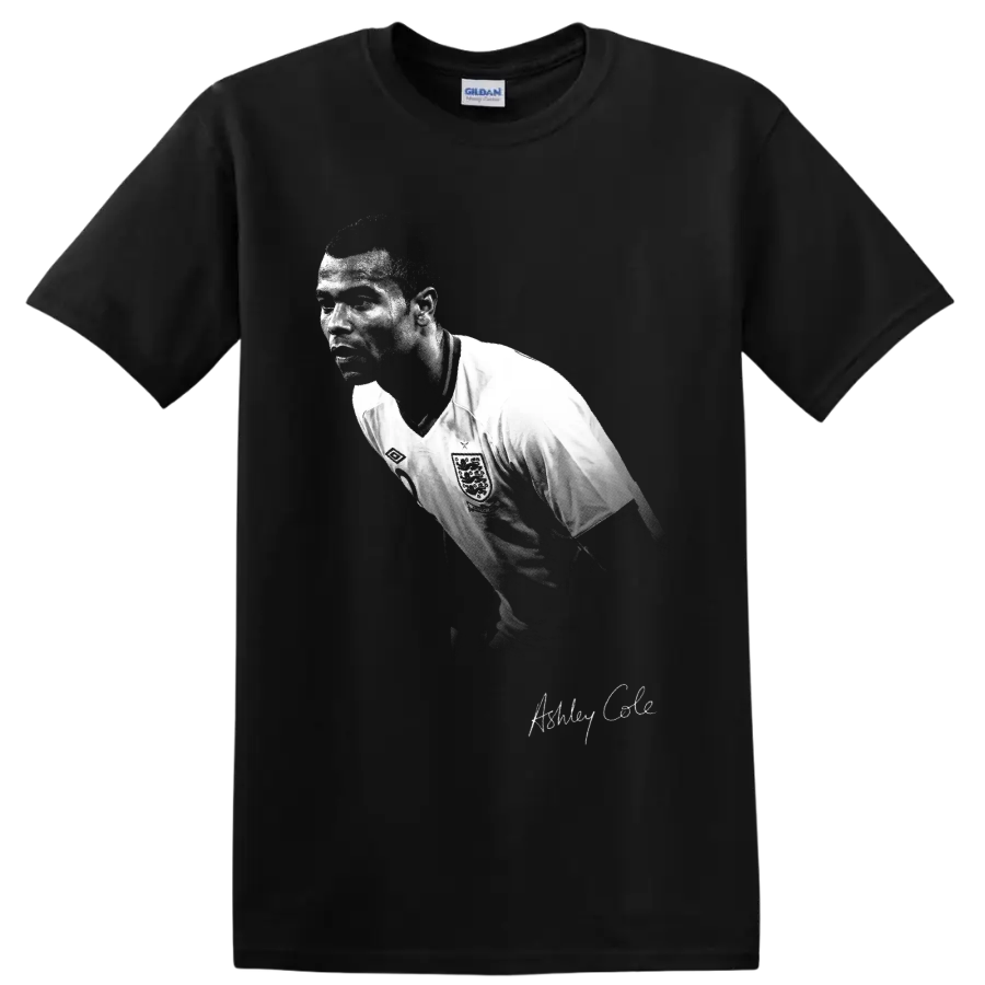 Ashley Cole England soccer defender portrait in distressed black-and-white style on a Black T Shirt