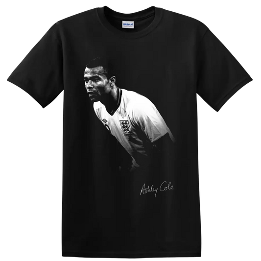 Ashley Cole England soccer defender portrait in distressed black-and-white style on a Black T Shirt