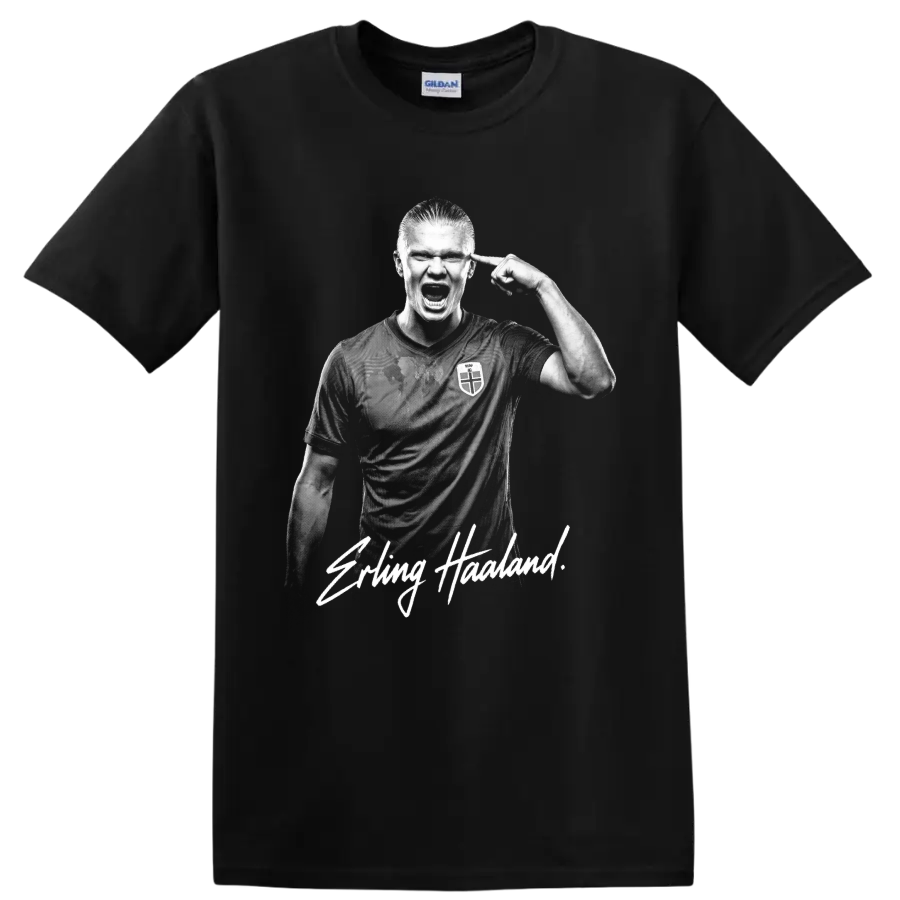 Erling Haaland Norway soccer portrait with signature-style name lettering on a Black T Shirt