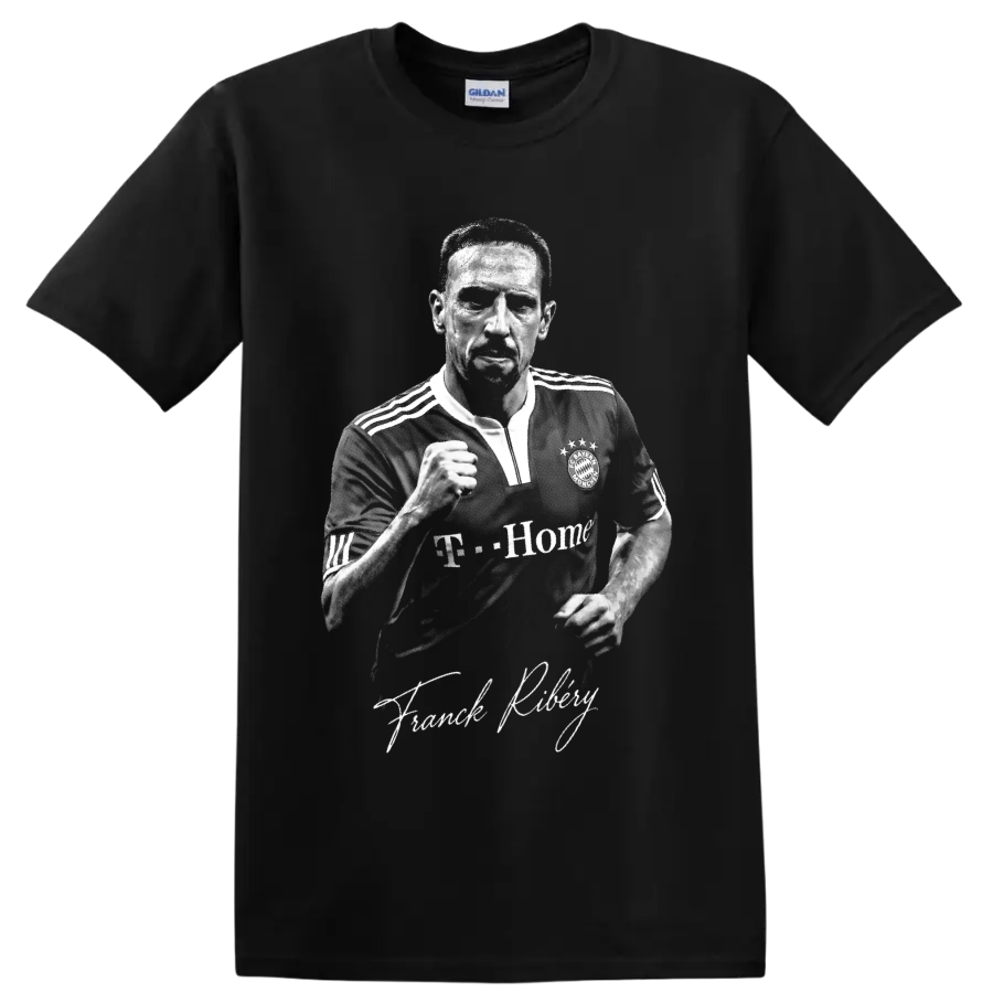 Franck Ribery Bayern Munich black-and-white soccer portrait with signature lettering on a Black T Shirt