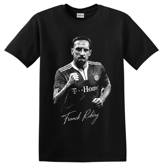Franck Ribery Bayern Munich black-and-white soccer portrait with signature lettering on a Black T Shirt