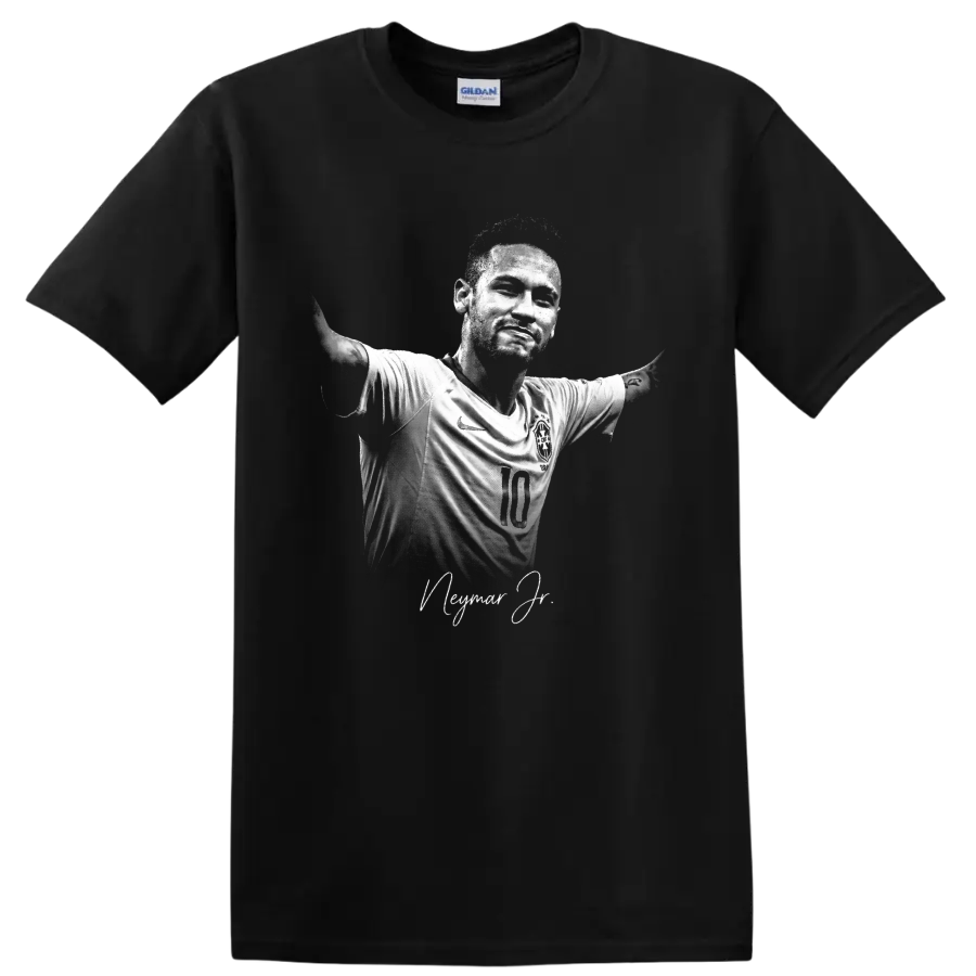 Neymar Jr Brazil number 10 soccer portrait with arms out and signature-style text on a Black T Shirt