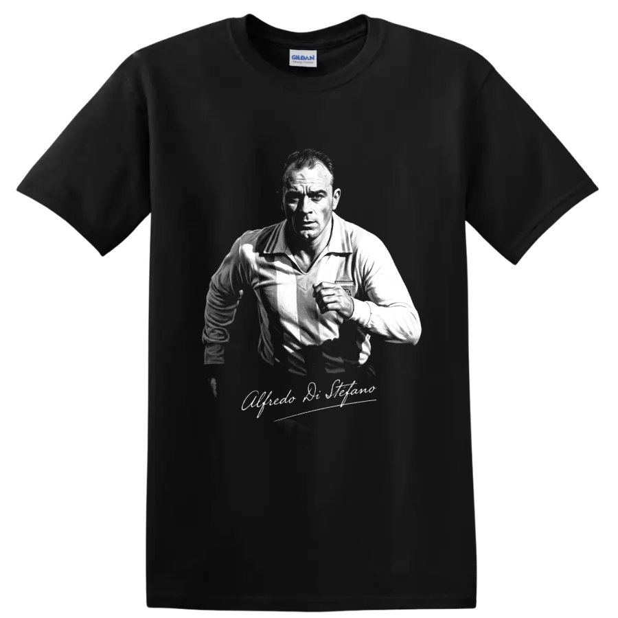 Alfredo Di Stéfano soccer portrait in vintage black-and-white style with signature script on a Black T Shirt