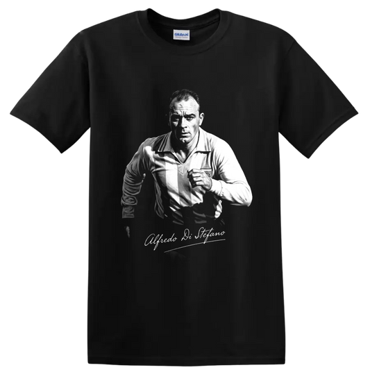 Alfredo Di Stéfano soccer portrait in vintage black-and-white style with signature script on a Black T Shirt