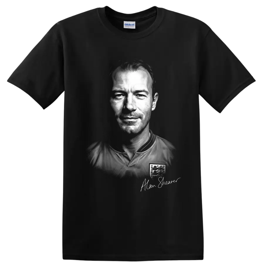 Alan Shearer black-and-white England soccer portrait with signature-style text on a Black T Shirt