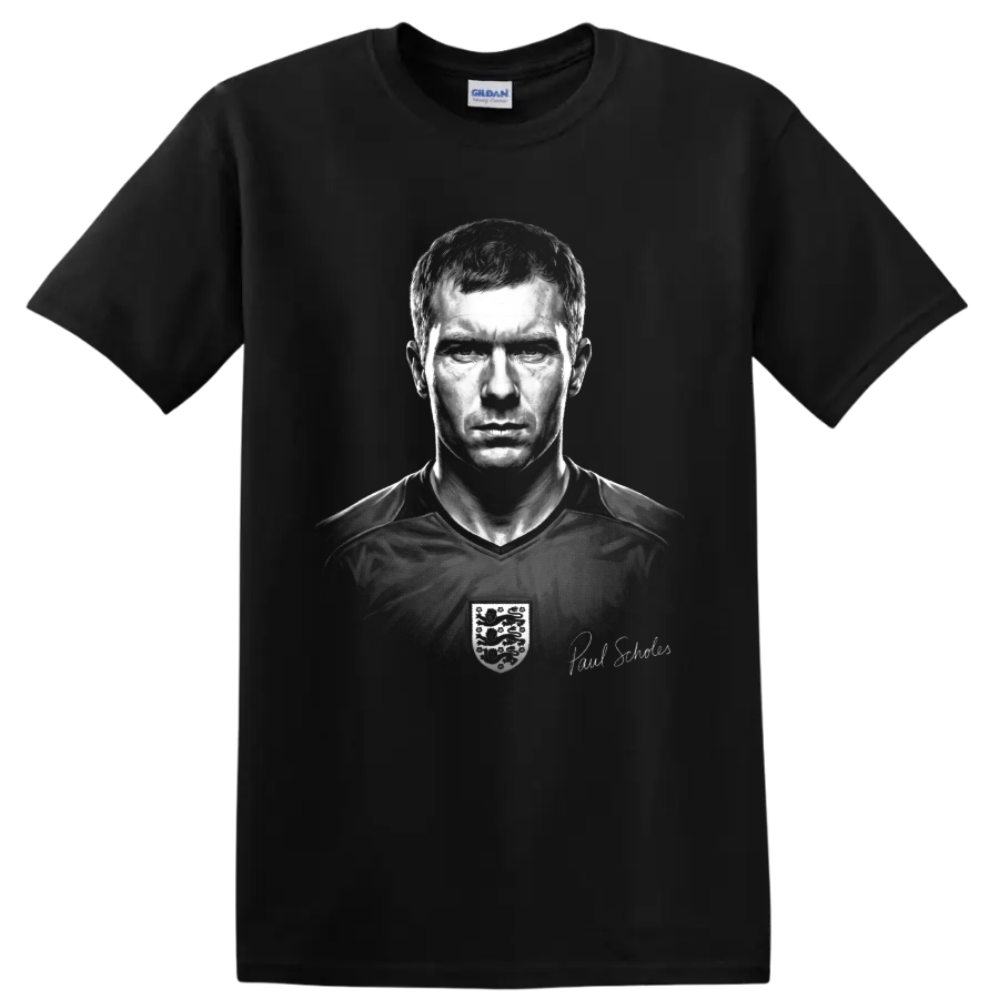 Paul Scholes monochrome soccer portrait with England crest and signature detail on a Black T Shirt