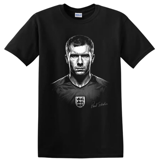 Paul Scholes monochrome soccer portrait with England crest and signature detail on a Black T Shirt