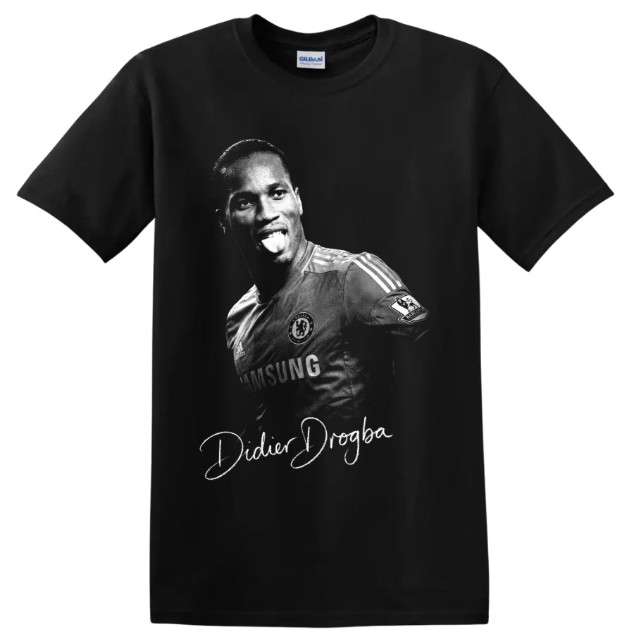 Didier Drogba Chelsea soccer portrait in vintage black-and-white with cursive name on a Black T Shirt