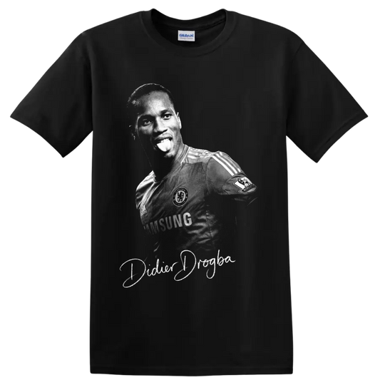 Didier Drogba Chelsea soccer portrait in vintage black-and-white with cursive name on a Black T Shirt