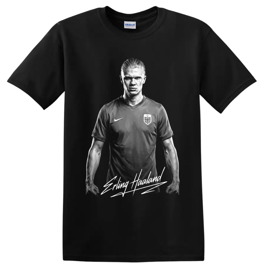 Grayscale Erling Haaland soccer portrait with signature-style lettering on a Black T Shirt