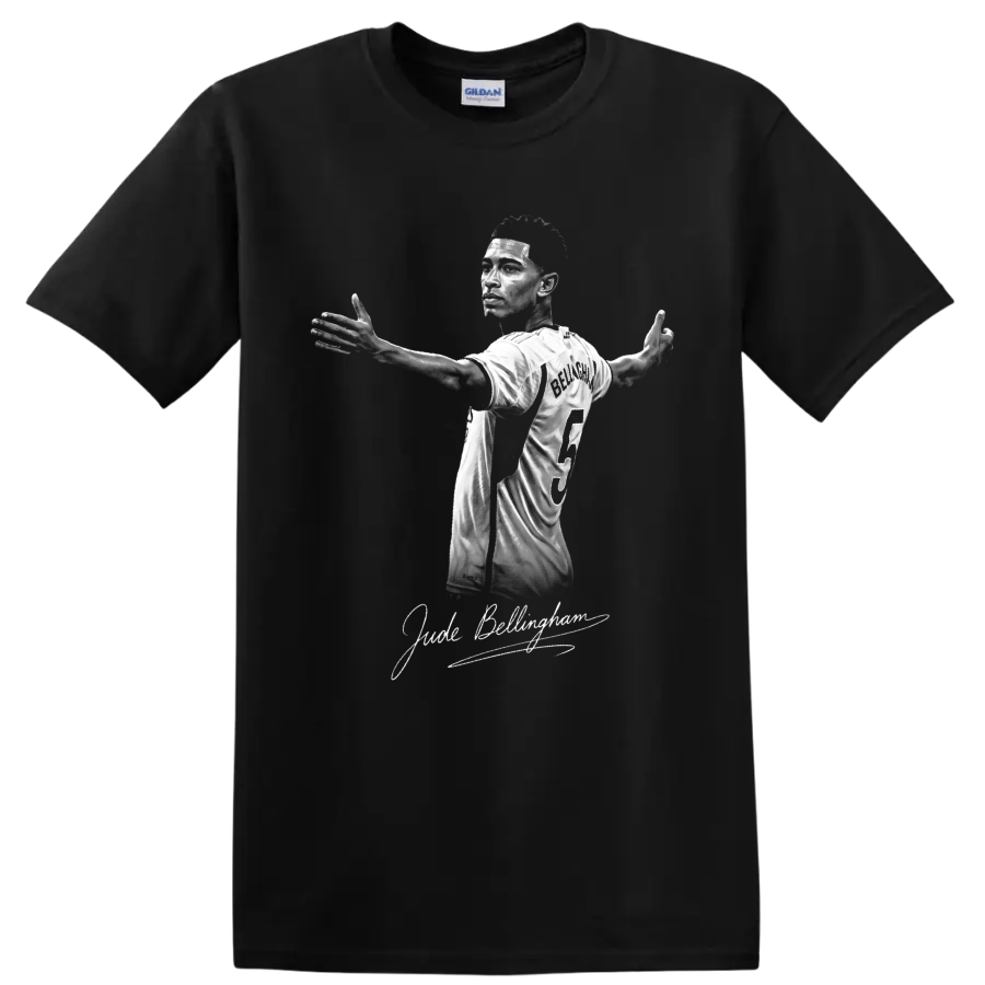 Jude Bellingham grayscale Real Madrid number 5 portrait with signature-style lettering on a Black T Shirt