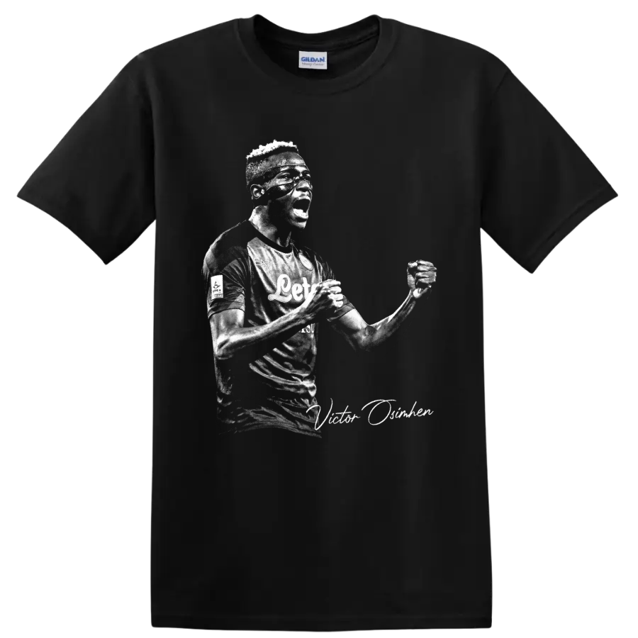 Victor Osimhen Napoli soccer celebration portrait with signature-style text on a Black T Shirt