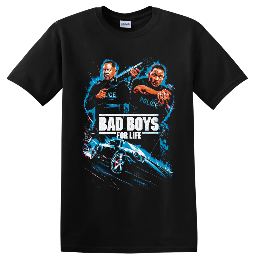 Bad Boys for Life illustrated Mike Lowrey and Marcus Burnett action movie graphic on a Black T Shirt