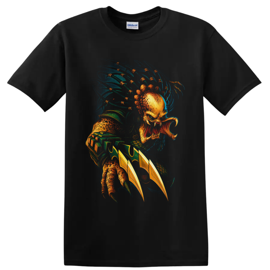 Unmasked Predator alien hunter with mandibles, wrist blades, and retro sci-fi art on a Black T Shirt