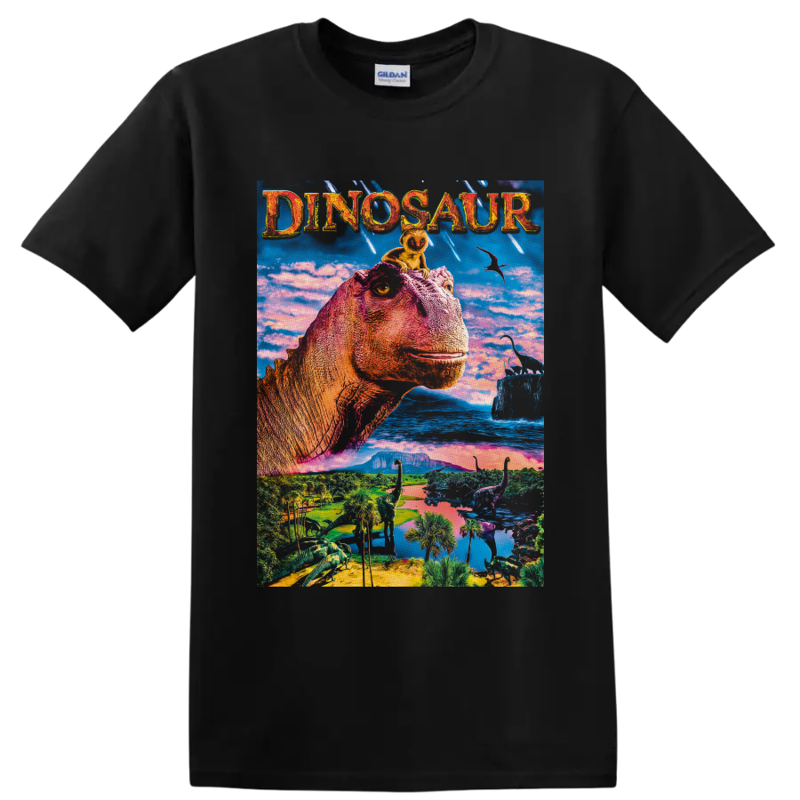Aladar and Suri Dinosaur movie artwork with a colorful prehistoric valley on a Black T Shirt