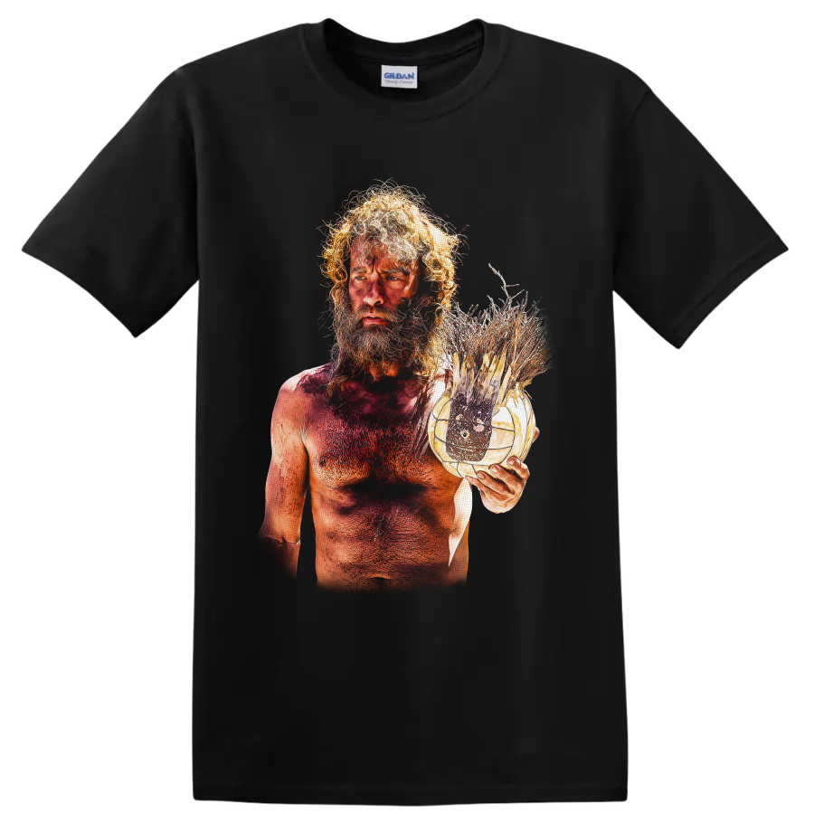 Chuck Noland Cast Away survival portrait with handmade volleyball companion graphic on a Black T Shirt